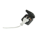 Black Mercury European converter plug open to show hinged fuse carrier with 5A fuse and white 2-pin Europlug inserted into the UK 3-pin adapter.