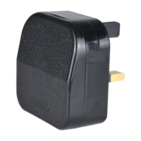 Mercury fused Euro converter plug in black moulded plastic with UK three-pin output and FUSED embossing, shown on a plain white background.