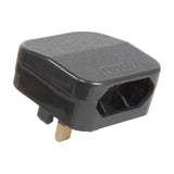 Mercury fused Euro converter plug in black with UK three-pin base, two-pin European socket, and moulded FUSED casing on a white background.