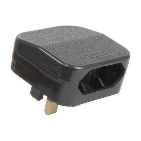 Mercury fused Euro converter plug in black with UK three-pin base, two-pin European socket, and moulded FUSED casing on a white background.