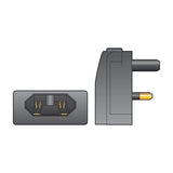 Mercury fused euro converter plug in black, shown from the front with the 2-pin euro socket and from the side with UK three-pin layout.