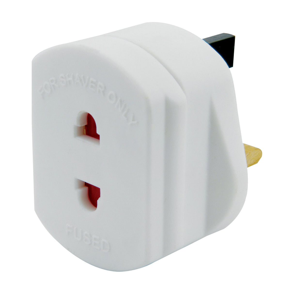 Mercury UK to EU shaver travel adaptor in white plastic with 1A fuse, two-pin socket and UK three-pin plug, shown on a plain background.