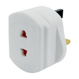 Mercury UK to EU shaver travel adaptor in white plastic with 1A fuse, two-pin socket and UK three-pin plug, shown on a plain background.