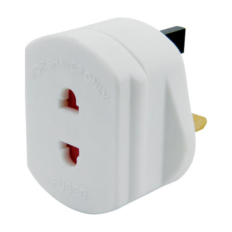 Mercury UK to EU shaver travel adaptor in white plastic with 1A fuse, two-pin socket and UK three-pin plug, shown on a plain background.
