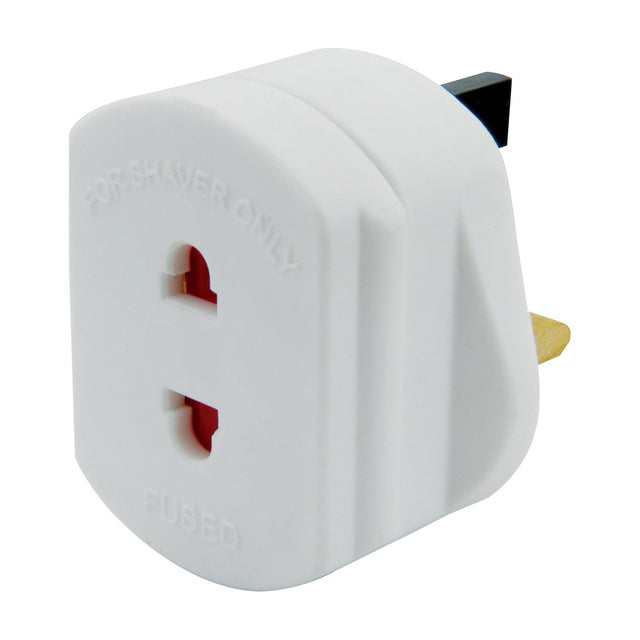 Mercury UK to EU shaver travel adaptor in white plastic with 1A fuse, two-pin socket and UK three-pin plug, shown on a plain background.