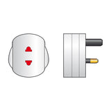 Mercury UK to EU shaver travel adaptor in white, shown front-on with two red pin sockets and side-on with three UK plug pins.
