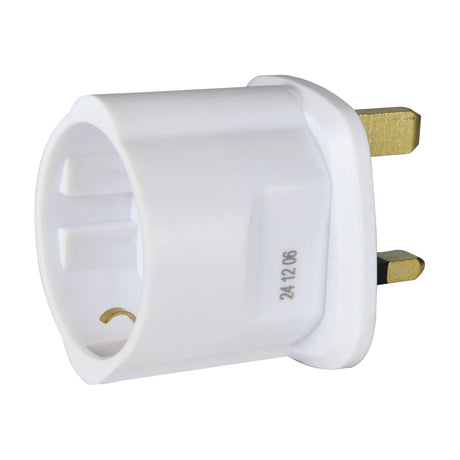 Mercury EU Schuko to UK 13A travel adaptor in white thermoplastic with brass 3-pin UK plug and recessed 2-pin Schuko socket, on a white background.