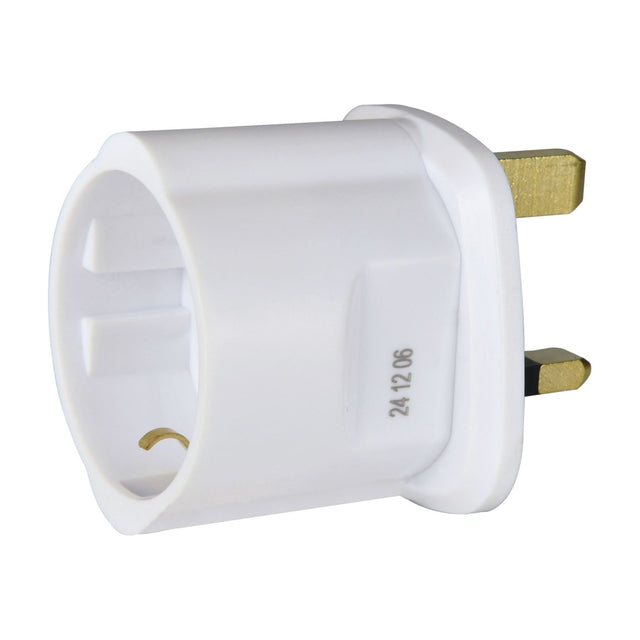 Mercury EU Schuko to UK 13A travel adaptor in white thermoplastic with brass 3-pin UK plug and recessed 2-pin Schuko socket, on a white background.