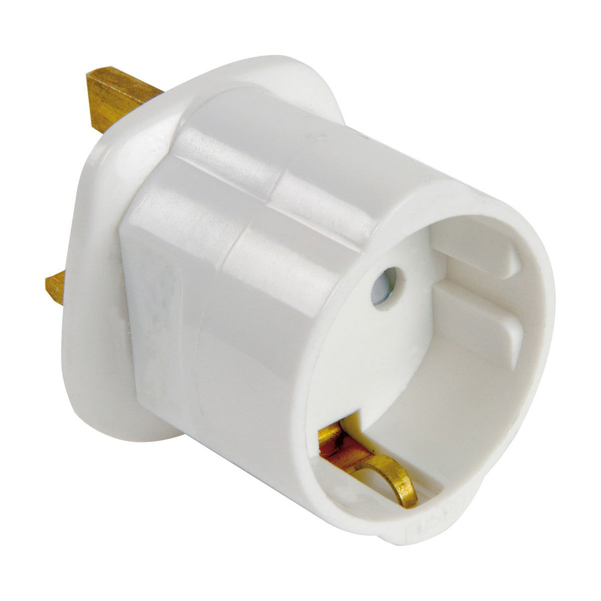 Mercury EU Schuko to UK 13A travel adaptor in white thermoplastic with UK 3-pin plug and recessed Schuko socket, shown on a plain background.