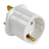 Mercury EU Schuko to UK 13A travel adaptor in white thermoplastic with UK 3-pin plug and recessed Schuko socket, shown on a plain background.