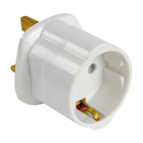 Mercury EU Schuko to UK 13A travel adaptor in white thermoplastic with UK 3-pin plug and recessed Schuko socket, shown on a plain background.