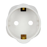 Front view of the Mercury EU Schuko to UK travel adaptor in white, showing the circular Schuko socket recess with brass contacts, on a plain background.