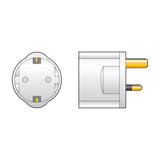 Mercury EU Schuko to UK 13A travel adaptor in white, shown from the front Schuko socket side and side profile with UK 3-pin brass pins.