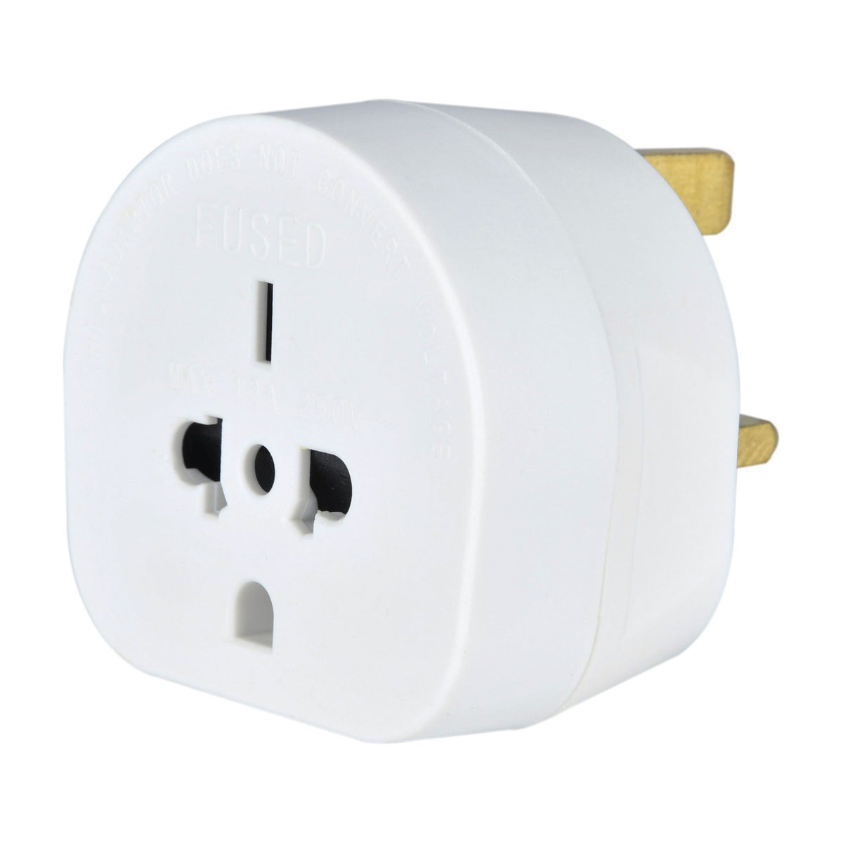 Mercury World to UK Travel Adaptor in white thermoplastic with universal input socket and UK 3-pin plug, shown on a plain white background.