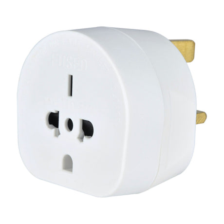 Mercury World to UK Travel Adaptor in white thermoplastic with universal input socket and UK 3-pin plug, shown on a plain white background.