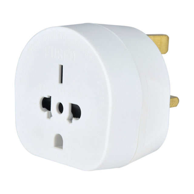 Mercury World to UK Travel Adaptor in white thermoplastic with universal input socket and UK 3-pin plug, shown on a plain white background.