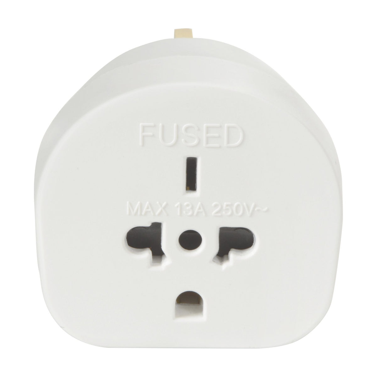 Mercury World to UK travel adaptor in white with universal socket, fused 13A 250V marking, and UK 3-pin plug shown on a plain background.