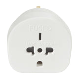 Mercury World to UK travel adaptor in white with universal socket, fused 13A 250V marking, and UK 3-pin plug shown on a plain background.