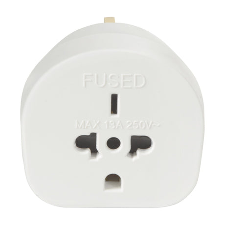 Mercury World to UK travel adaptor in white with universal socket, fused 13A 250V marking, and UK 3-pin plug shown on a plain background.