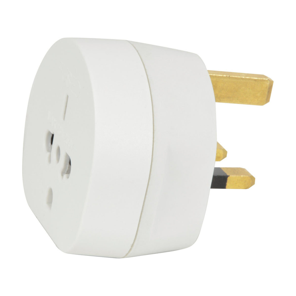 Mercury world to UK travel adaptor in white with three brass UK pins and universal multi-format socket, shown on a plain background.