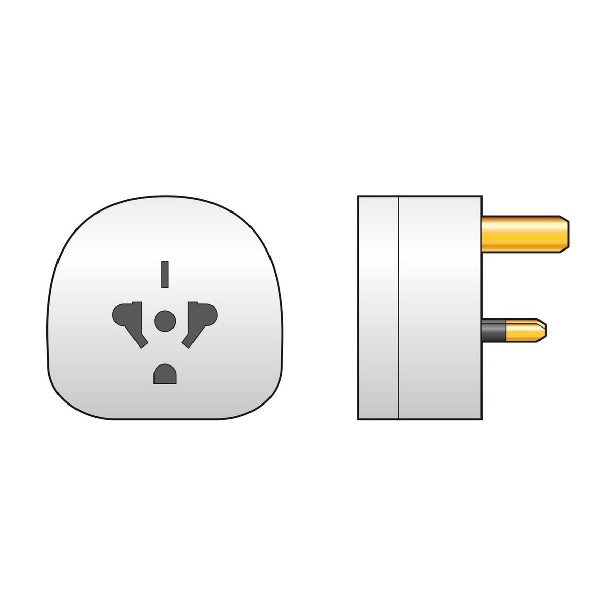 Mercury World to UK Travel Adaptor in white, shown front-on with universal socket apertures and side view revealing UK 3-pin brass plug prongs.
