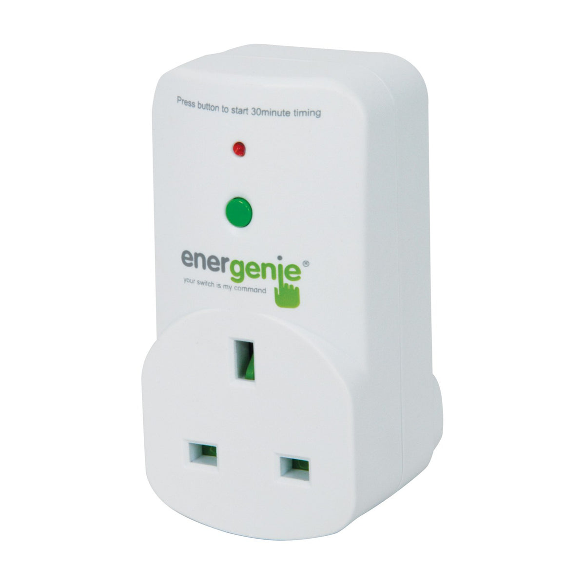 Energenie 30 minute rundown timer plug in white with red and green LED indicators, green start button, and 13A UK 3-pin socket.