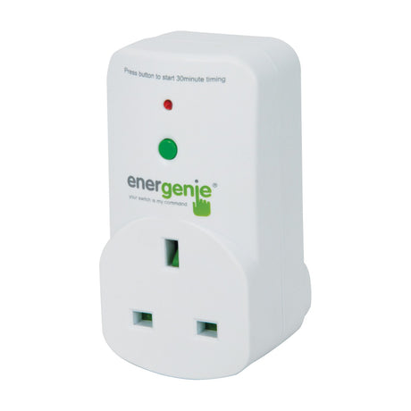 Energenie 30 minute rundown timer plug in white with red and green LED indicators, green start button, and 13A UK 3-pin socket.