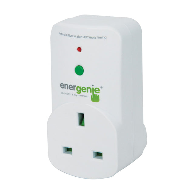 Energenie 30 minute rundown timer plug in white with red and green LED indicators, green start button, and 13A UK 3-pin socket.