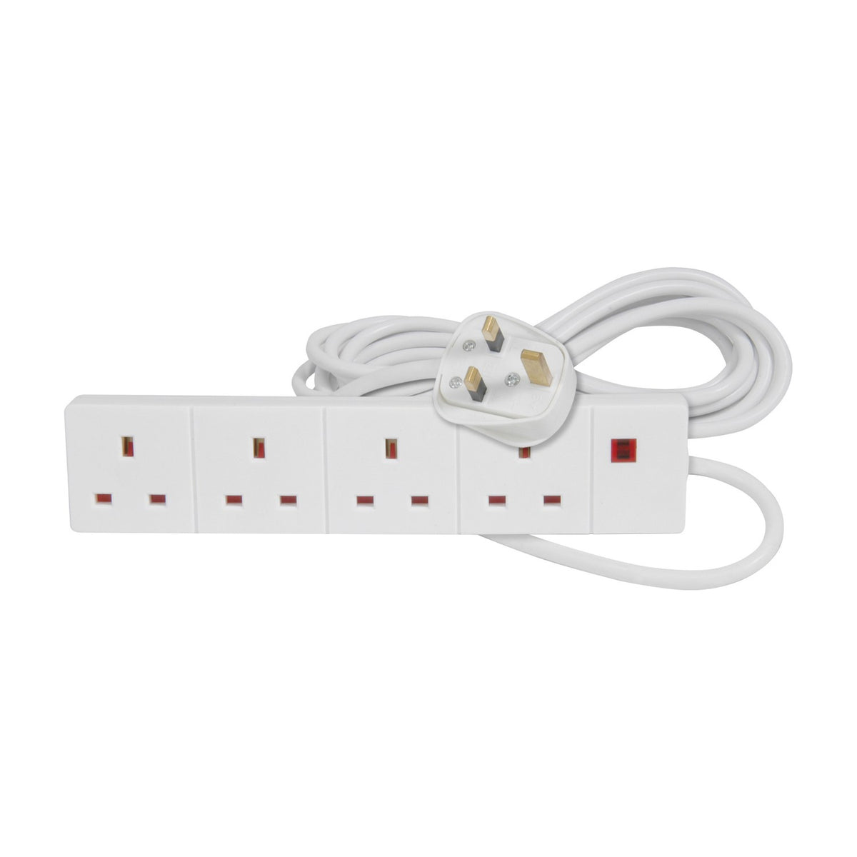 Mercury 4 gang white extension lead with four 13A UK sockets, red neon indicator and coiled 3m cable with moulded plug on a white background.