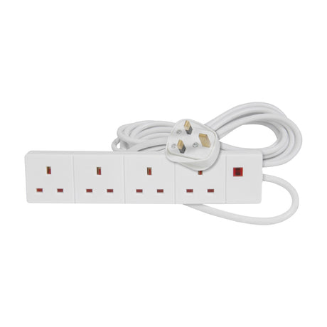 Mercury 4 gang white extension lead with four 13A UK sockets, red neon indicator and coiled 3m cable with moulded plug on a white background.