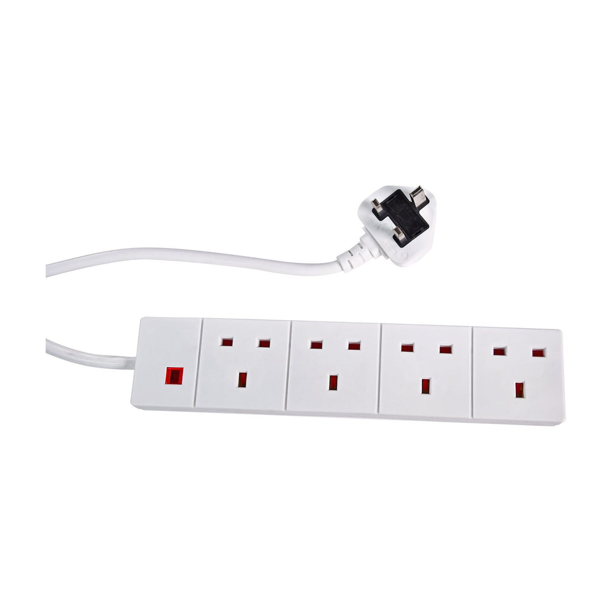 Mercury 4 gang white extension lead with 3m cable, UK plug and red neon indicator, shown on a plain white background.