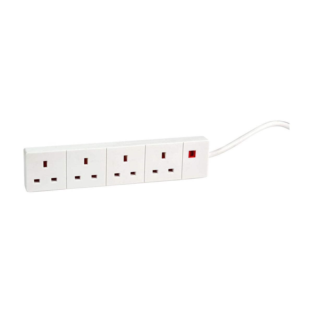 Mercury 4 gang white extension lead by AVSL with four 13A UK sockets, red neon indicator and 3m cable on a plain background.