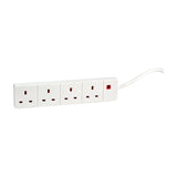 Mercury 4 gang white extension lead by AVSL with four 13A UK sockets, red neon indicator and 3m cable on a plain background.