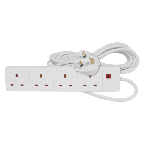 The Mercury 4 Gang Extension Lead - 3m features a white design with four UK sockets and an attached plug, a coiled cable, and a convenient wall mounting option.