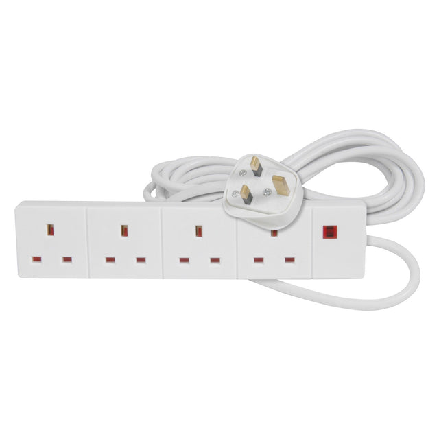 The Mercury 4 Gang Extension Lead - 1m is a white power strip equipped with four sockets and an attached UK plug, complemented by a coiled cord. It includes a handy LED indicator for power status and is designed for easy wall mounting to help maintain an organized space.
