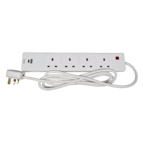 The Mercury 4 Gang USB-A & C Extension Lead - 2m is a white extension cord featuring four outlets and a fast charging USB-C port, along with a long white cord ending in a three-pin plug. One of the outlets includes a red switch, making it ideal for use with electronic devices.