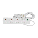 Mercury 4 gang white extension lead with surge protection, four UK sockets, green neon indicator and coiled 5m cable with moulded plug on a white background.
