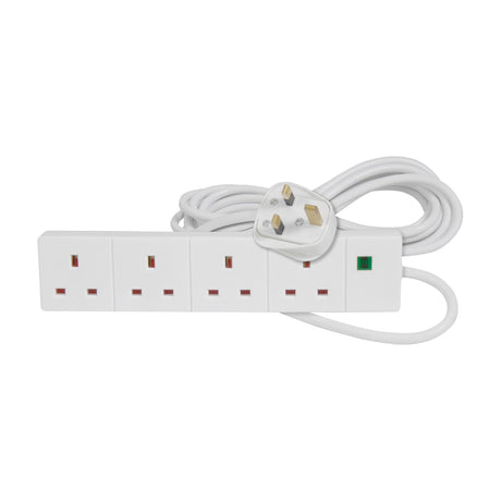Mercury 4 gang white extension lead with surge protection, four UK sockets, green neon indicator and coiled 5m cable with moulded plug on a white background.