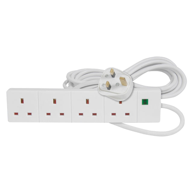 The Mercury 4 Gang Extension Lead with surge protection has a five-meter white cable and plug, coiled neatly. It features a switch with a green indicator light.