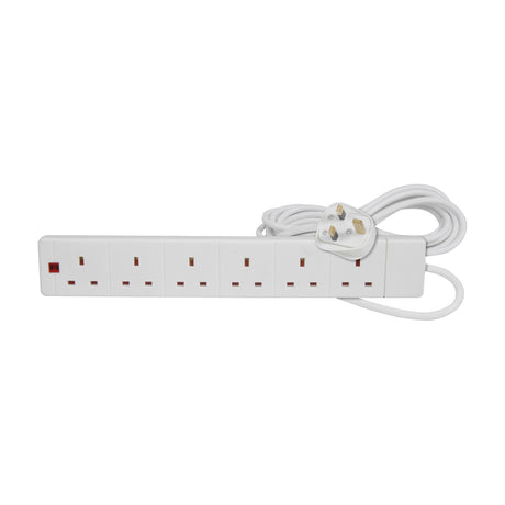 Mercury 6 gang white extension lead with red neon indicator and coiled 5m cable ending in a UK three-pin plug, on a plain white background.