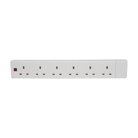 Mercury 6 gang white extension lead by AVSL with six UK 13A sockets in a row and red neon power indicator, shown on a plain background.