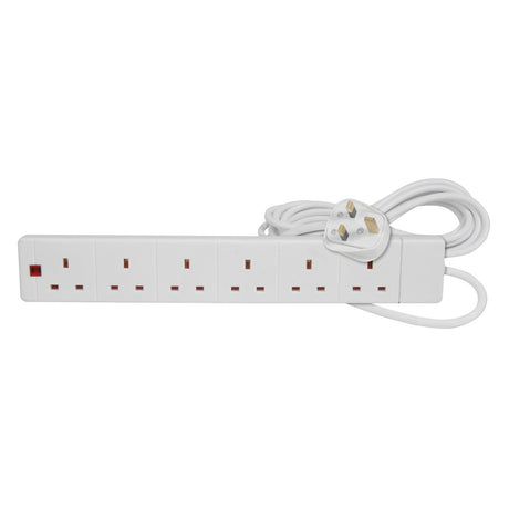 Beside it, against a plain white background, is the Mercury 6 Gang Extension Lead Neon with a 5m cord, neatly coiled. This white UK plug power strip is designed for convenience with its six outlets and features a neon indicator for easy monitoring. It can also be effortlessly wall-mounted.