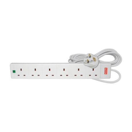 Mercury 6 gang white extension lead with surge protection, green neon indicator and coiled 5m cable with UK plug, on a plain background.