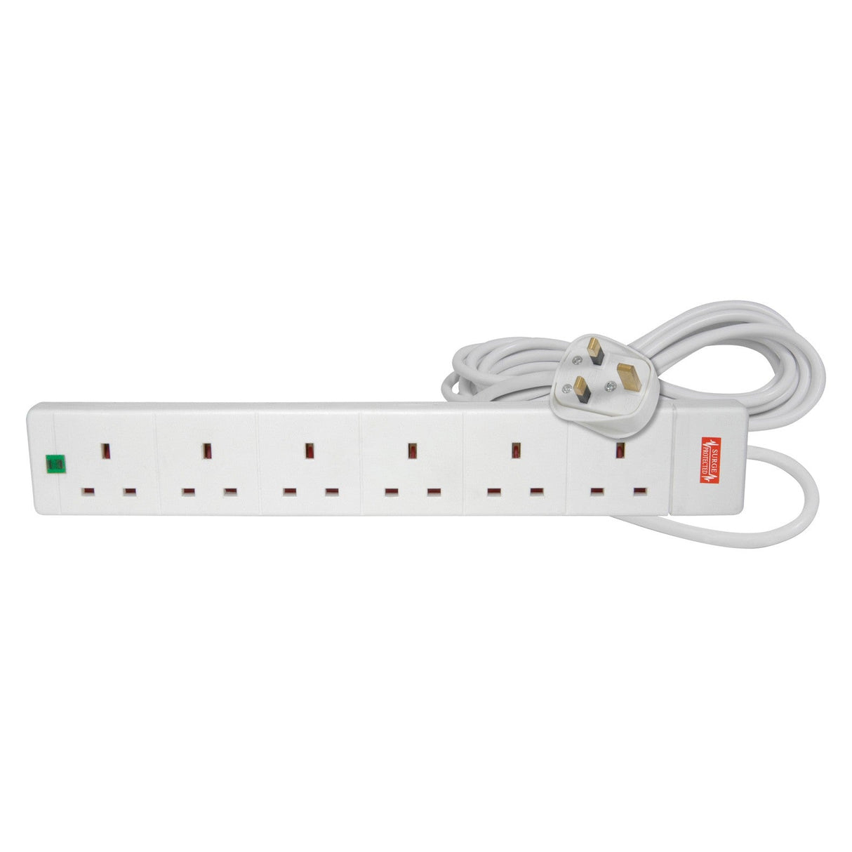 The Mercury 6 Gang Extension Lead With Surge Protection - 5m features a UK plug and includes surge protection for electrical surges. The power strip, in white, displays a green switch and has a neatly coiled cord.