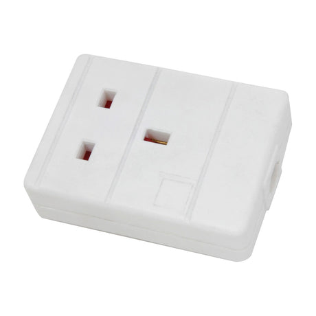 Mercury single 13A trailing extension socket in white polycarbonate with one UK outlet and side cable entry, shown on a plain white background.