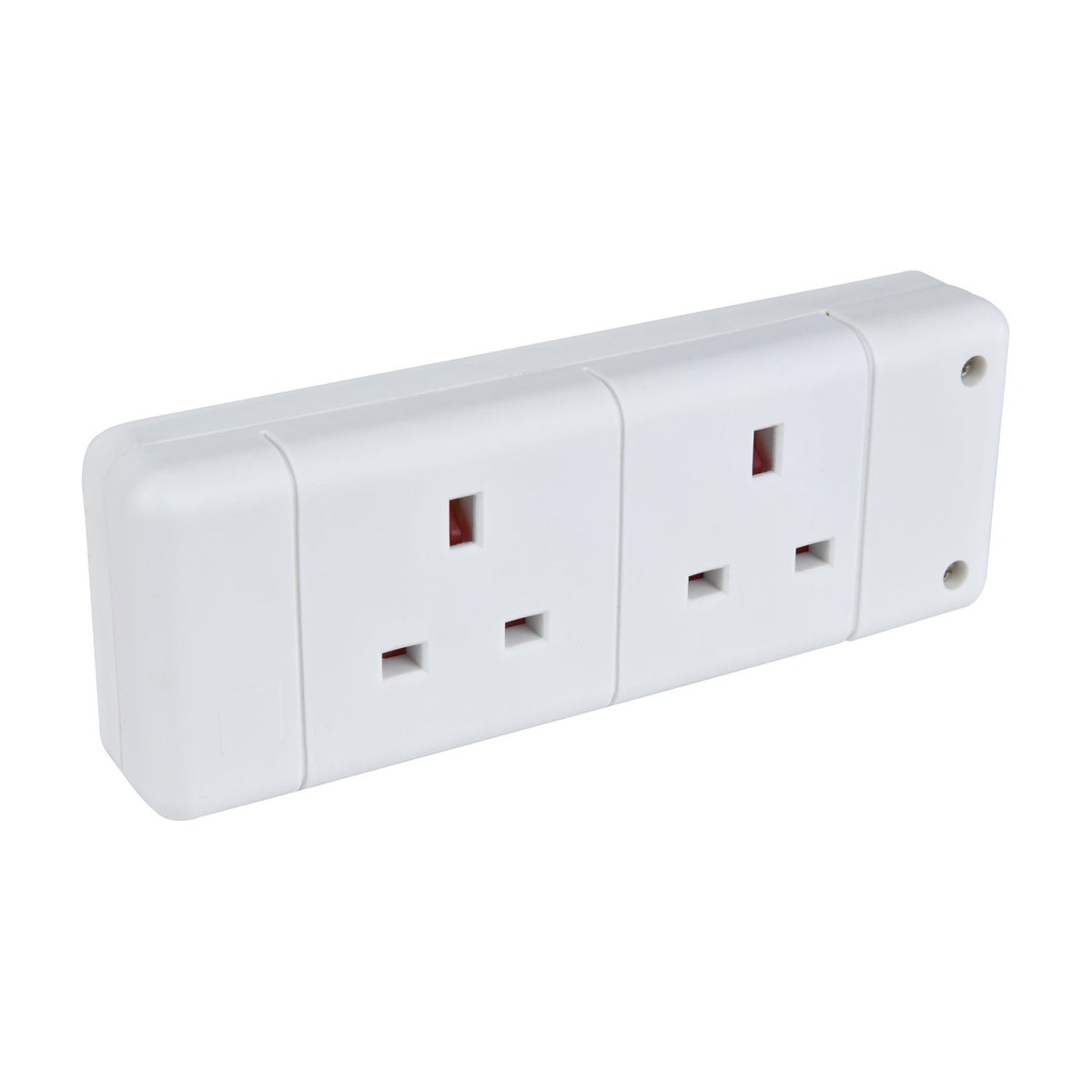 Mercury 2 gang 13A trailing socket in white ABS with two UK 3-pin outlets and screw fixings, shown on a plain white background.