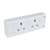 Mercury 2 gang 13A trailing socket in white ABS with two UK 3-pin outlets and screw fixings, shown on a plain white background.