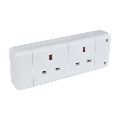 Mercury 2 gang 13A trailing socket in white ABS with two UK 3-pin outlets and screw fixings, shown on a plain white background.