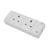 Mercury 2 gang 13A trailing socket in white ABS with two UK 3-pin outlets, visible screw fixings and cable entry with cord grip, on a plain background.
