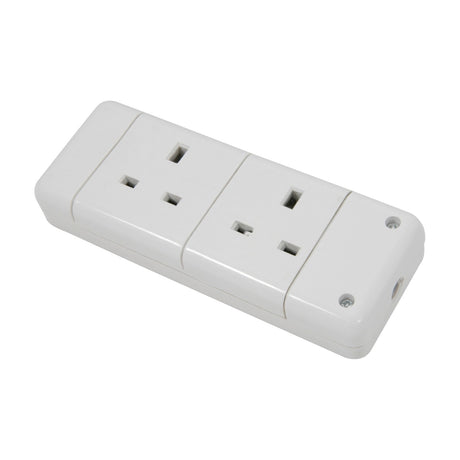 Mercury 2 gang 13A trailing socket in white ABS with two UK 3-pin outlets, visible screw fixings and cable entry with cord grip, on a plain background.
